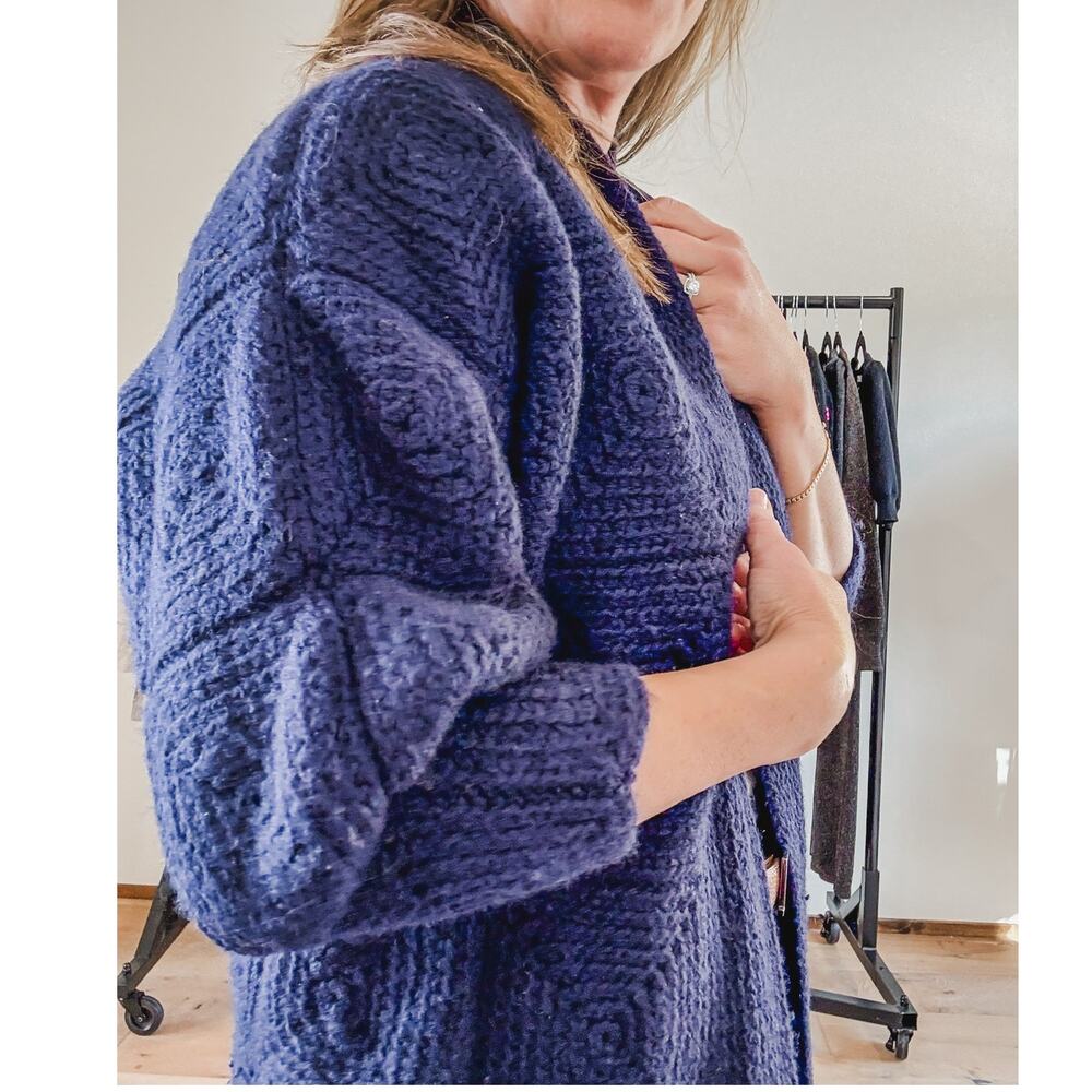 Vintage Crochet Sweater Granny Boho Duster Women's XS- M Navy Knit - Picture 3 of 7